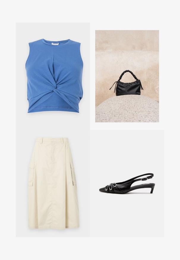 Blå ærmeløs crop top med knudedesign foran. Fremstillet af blødt, strækbart stof med en glat tekstur. Rund halsudskæring.; Beige, knælængde nederdel lavet af bomuld. Har to sidelommer og en frontfold, med en elastisk talje og skjult lynlås.; Sort læder slingback sko med spids tå, tre sølvspænder på forsiden og lav lille hæl på hvid baggrund.; Sort håndtaske med rynkede detaljer og et samlet håndtag, hvilende på en tekstureret stensfære mod en beige betonvæg.