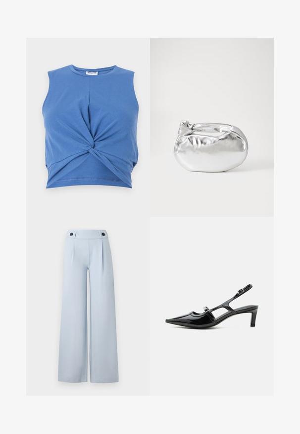 Blå ærmeløs crop top med knudedesign foran. Fremstillet af blødt, strækbart stof med en glat tekstur. Rund halsudskæring.; Lysblå brede bukser med flad front, læg og to sorte knapper i taljen. Lavet af glat stof med en ren finish.; Sort laklæder spids tå slingback sko med lav hæl og to justerbare spænder, vist i sideprofil.; Sølvmetallic pose med en blød, rund form og en knyttet lukning foroven. Fremstillet af glat faux lædermateriale.