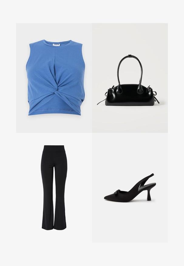 Blauwe mouwloze cropped top met een geknoopte voorkant. Gemaakt van zachte, rekbare stof met een gladde textuur. Ronde halslijn.; Zwarte high-waist stretchbroek met iets uitlopende pijp en een glad, naadloos ontwerp tegen een witte achtergrond.; Zwarte slingback pumps met een spits toelopende neus, kleine strik aan de voorkant en een smalle hak, afgebeeld tegen een witte achtergrond.; Kleine zwarte glanzende handtas met twee lange hengsels en zijkant trekkoord details op een effen lichte achtergrond.