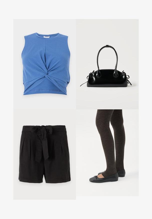 Sininen ilmanhiha crop-top, jossa on solmittu etuosan muotoilu. Valmistettu pehmeästä ja venyvästä kankaasta, jossa on sileä tekstuuri. Pyöreä kaula-aukko.; Mustat puuvillashortsit, joissa on sidottava vyö vyötäröllä, edessä laskokset ja sivutaskut. Sujuva pinta ja rento muotoilu.; Jalat, joissa tummat ribbineuleiset leggingsit yhdistettynä mustiin balettitossuihin, joissa on pienet rusettikoristeet valkoisella taustalla.; Pieni musta kiiltävä käsilaukku, jossa on kaksi pitkää kantokahvaa ja sivulla nyöritys yksityiskohtia yksinkertaisella vaalealla taustalla.