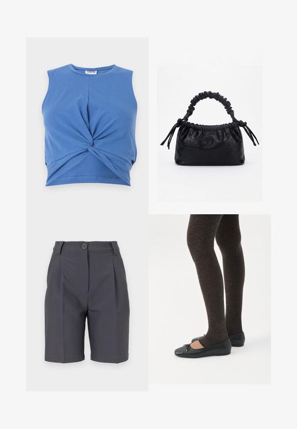 Blå ærmeløs crop top med knudedesign foran. Fremstillet af blødt, strækbart stof med en glat tekstur. Rund halsudskæring.; Grå skræddersyede shorts med plisseringer, knaplukning og sidelommer. Fremstillet af et glat, let materiale med en struktureret pasform.; Ben iført mørke ribbede leggings kombineret med sorte balletsko med små sløjfedetaljer på hvid baggrund.; Sort taske med krokodilletekstur, rynket øverste kant, samlet hank og snore med kvaster på hver side mod en hvid baggrund.