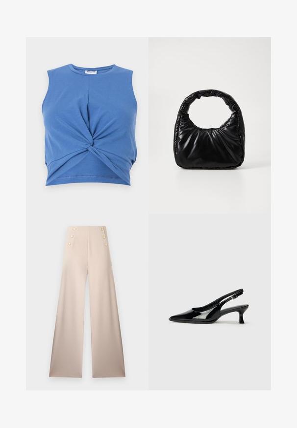 Blå ærmeløs crop top med knudedesign foran. Fremstillet af blødt, strækbart stof med en glat tekstur. Rund halsudskæring.; Beige bukser med vide ben, høj talje og to lodrette rækker med hver tre gyldne dekorative knapper foran.; Sorte patenterede slingback-sko med spidse tæer og lav blokhæl. Justerbar spænde-rem ved anklen.; Sort polstret håndtaske med et rundt håndtag, der har en glat, skinnende overflade og en blød, kviltet tekstur. Ingen synlige hardware eller accenter.
