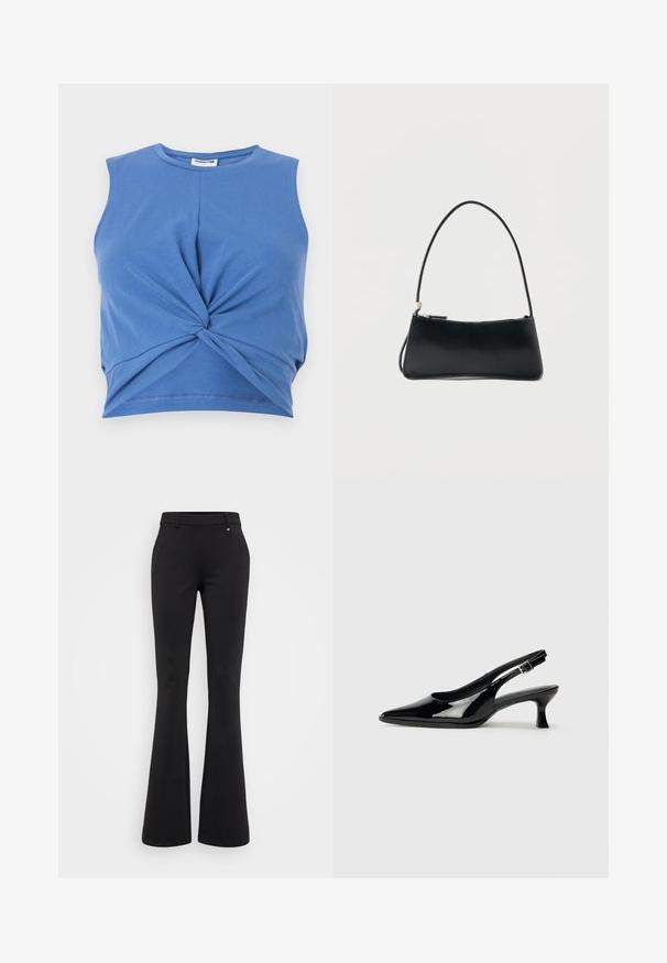 Blå ærmeløs crop top med knudedesign foran. Fremstillet af blødt, strækbart stof med en glat tekstur. Rund halsudskæring.; ONLY Tall ONLPEACH LIFE FLARED - Bukser - black; Sorte patenterede slingback-sko med spidse tæer og lav blokhæl. Justerbar spænde-rem ved anklen.; Sort rektangulær håndtaske med tynd skulderrem og lynlåslukning, sat mod en enkel hvid baggrund.