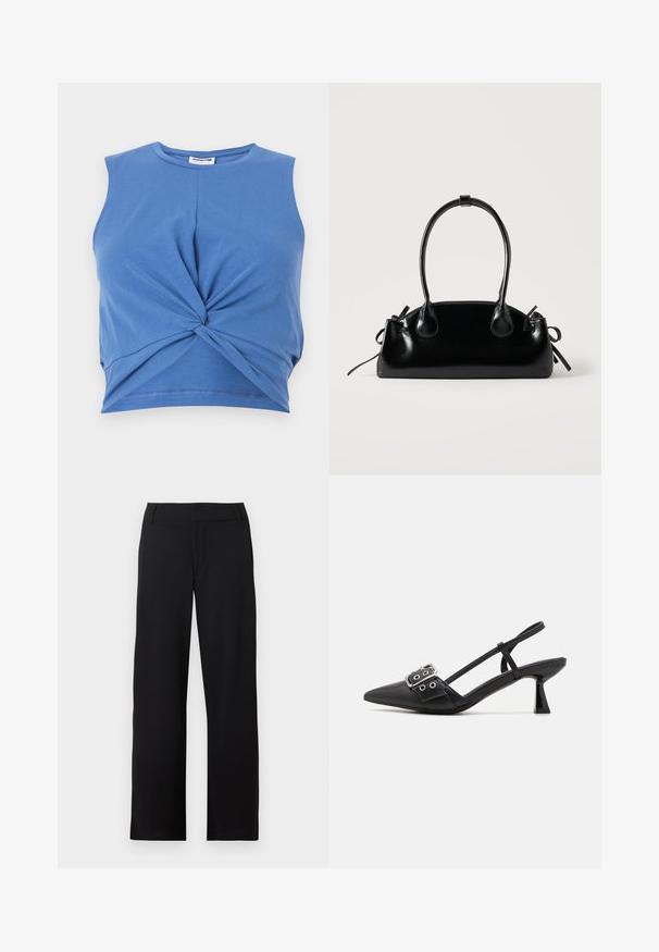 Blå ærmeløs crop top med knudedesign foran. Fremstillet af blødt, strækbart stof med en glat tekstur. Rund halsudskæring.; Sorte bukser med lige ben, bæltestropper og lynlås foran, vist mod en hvid baggrund.; Simmi London DALA - Pumps - black; Lille sort blank håndtaske med to lange håndtag og snøre-detaljer i siden på en ensfarvet lys baggrund.