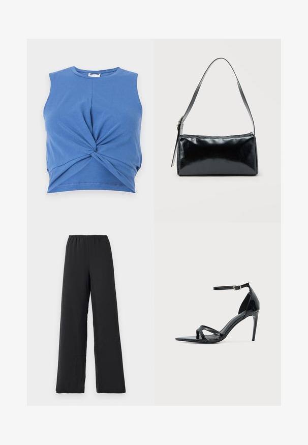 Blå ærmeløs crop top med knudedesign foran. Fremstillet af blødt, strækbart stof med en glat tekstur. Rund halsudskæring.; Sorte wide-leg bukser lavet af blødt stof, med et elastisk talje bånd og en glat, mat overflade uden mønstre eller accenter.; Sort laklædersandal med høje hæle, tynd ankelrem, åben tå og minimalistisk design på en ensfarvet lys baggrund.; Sort rektangulær skuldertaske med en enkelt justerbar rem og lynlås i toppen på en ensfarvet baggrund.
