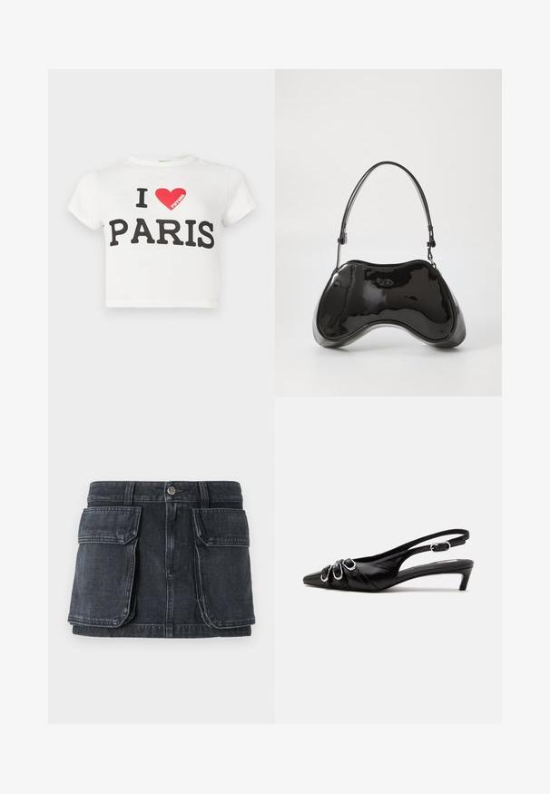 T-shirt court en coton blanc à manches courtes, avec un texte noir audacieux disant "J'AIME PARIS" et un cœur rouge, avec le mot "FUTURE" en rouge.; Jupe en denim noir avec une taille ajustée, fermeture à boutons, deux grandes poches avant et des détails de coutures contrastantes.; Chaussure slingback en cuir noir avec bout pointu, trois boucles argentées à l'avant et petit talon kitten sur fond blanc.; Sac à main en cuir verni noir avec une forme incurvée unique, une anse courte et ajustable, et une fermeture zippée. Texture lisse avec un branding discret.