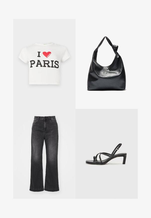 T-shirt court en coton blanc à manches courtes, avec un texte noir audacieux disant "J'AIME PARIS" et un cœur rouge, avec le mot "FUTURE" en rouge.; Jean en denim noir à jambes larges avec taille haute, design à cinq poches et texture délavée. Comprend une fermeture à bouton et à glissière.; Sandale noire à lanières avec un bout carré et un petit talon bloc. Elle présente plusieurs fines lanières et une sangle de cheville ajustable. Fabriquée en cuir lisse.; Sac à main en cuir tissé noir au design décontracté, avec une sangle nouée et une petite clou doré décoratif en haut.