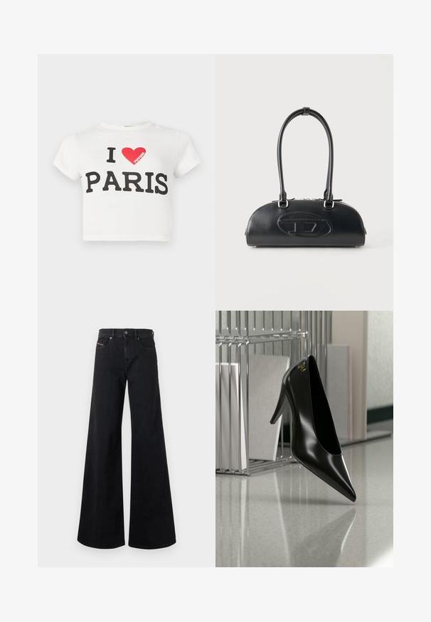 T-shirt court en coton blanc à manches courtes, avec un texte noir audacieux disant "J'AIME PARIS" et un cœur rouge, avec le mot "FUTURE" en rouge.; Jean noir à jambes larges en denim, avec une taille haute, une fermeture à boutons, des poches avant et des détails de couture minimalistes.; Chaussure noire à talon haut avec bout pointu et logo doré, posée sur une surface réfléchissante près d'un organiseur de dossiers en fil chromé contenant des documents.; Sac à main en cuir noir avec longues poignées doubles et logo ovale embossé sur le devant, présenté sur un fond clair uni.
