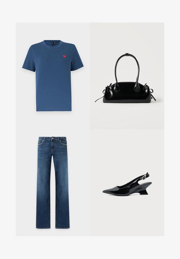 T-shirt bleu à manches courtes et col rond avec un petit emblème en forme de cœur rouge sur le côté gauche de la poitrine, sur un fond blanc uni.; Jean bleu foncé à coupe droite avec cinq poches, fermeture par bouton métal et petits clous argentés le long des bords des poches avant.; Chaussure slingback en cuir verni noir avec bout pointu et petit talon bloc incliné sur fond clair uni.; Petit sac à main noir brillant avec deux longues anses et des détails à cordon sur les côtés sur un fond clair uni.