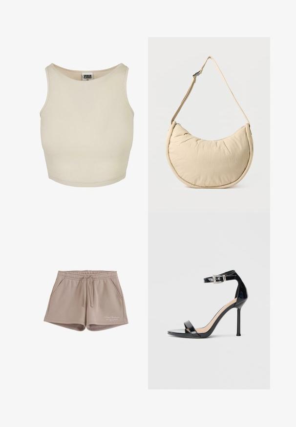Top crop beige à côtes avec un col rond et une coupe sans manches. Présente une texture unie et une étiquette de marque discrète à l'intérieur du col.; Shorts décontractés beige avec taille élastique, cordon, poches latérales et petit texte blanc imprimé sur l'ourlet de la jambe gauche.; Sandale à talon haut en cuir verni noir avec bride à la cheville. Présente un design minimaliste, un bout ouvert et une boucle ornée de strass.; Sac d'épaule beige en forme de demi-lune avec une texture douce et rembourrée. Comprend une bandoulière réglable et une fermeture éclair sur le bord supérieur.