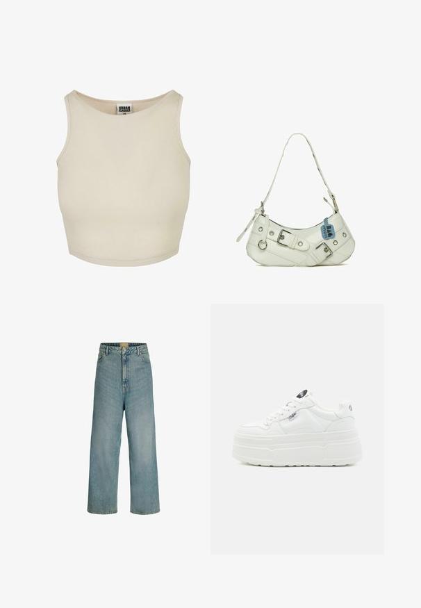 Beige ribbet crop top med rund halsudskæring og ærmeløs design. Har en ensfarvet tekstur og en diskret mærkeetiket inde i halsen.; Lyseblå jeans med vid ben og høj talje, frontknaplukning, bæltestropper og klassisk fem-lomme-design.; Hvide platform sneakers med en glat syntetisk overflade, rund tå, polstret krave og tekstureret sål. Har et kontrasterende logo-tag.; Hvid syntetisk håndtaske med en buet silhuet, justerbar rem, dekorativ spænde, sølv hardware og et blåt mærke fastgjort.