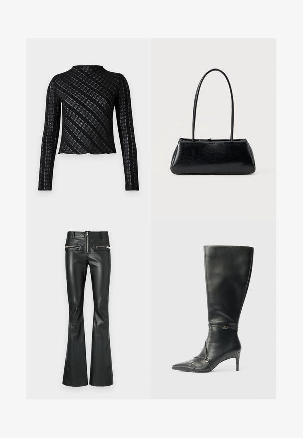 Top negro de manga larga con un cuello alto, que presenta un patrón texturizado de rayas diagonales y detalles de cortes a lo largo. Diseño recortado.; Pantalones acampanados de cuero negro con talle alto, que cuentan con dos bolsillos delanteros con cremallera y paneles en las rodillas para un diseño detallado.; Botas negras de cuero hasta la rodilla con tacón delgado, punta afilada y detalles de diseño con correas en el tobillo. Textura suave y diseño ajustado.; Bolso de hombro rectangular negro con correas largas y delgadas y una textura lisa y brillante sobre un fondo liso.