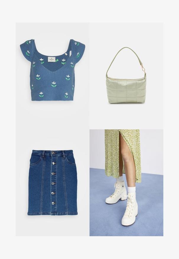 Modrý pletený crop top s širokým výstrihom a krátkymi volánovými rukávmi, zdobený vyšívanými bielymi kvetmi a zelenými listami.; Vero Moda VMPETRA SHORT SKIRT - Denimová sukňa - medium blue denim; Biele vysoké platformové tenisky s šnúrkami a striebornými očkami, v kombinácii s bielymi štucňami, na svetlomodrom podlahe.; Polstrovaná zelená ramenná taška s mäkkou textúrou, obdĺžnikovým tvarom, jedným popruhom a zlatou zipsovou uzáverou. Obsahuje prešívaný vzor.