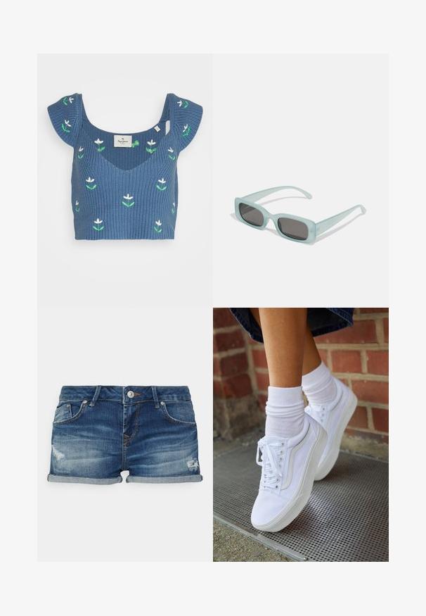 Sininen neulottu crop-top, jossa on leveä kaula-aukko ja lyhyet leijailevat hihat, koristeltuna valkoisilla kukka- ja vihreällä lehtikirjonnalla.; LTB JUDIE - Farkkushortsit - laine wash; Valkoiset kangaskengät kumipohjilla, joissa on kuusi silmukkaa, pyöreä kärki ja vaaleat ompeluseikat, yhdistettyinä valkoisiin nilkkasukkiin.; Pari rektangulaarisia aurinkolaseja, joissa on vaaleansiniset läpinäkyvät kehykset ja tummanharmaat linssit. Aurinkolasit ovat suorat temppeleiltään ja niissä on minimaalinen varusteiden määrä.