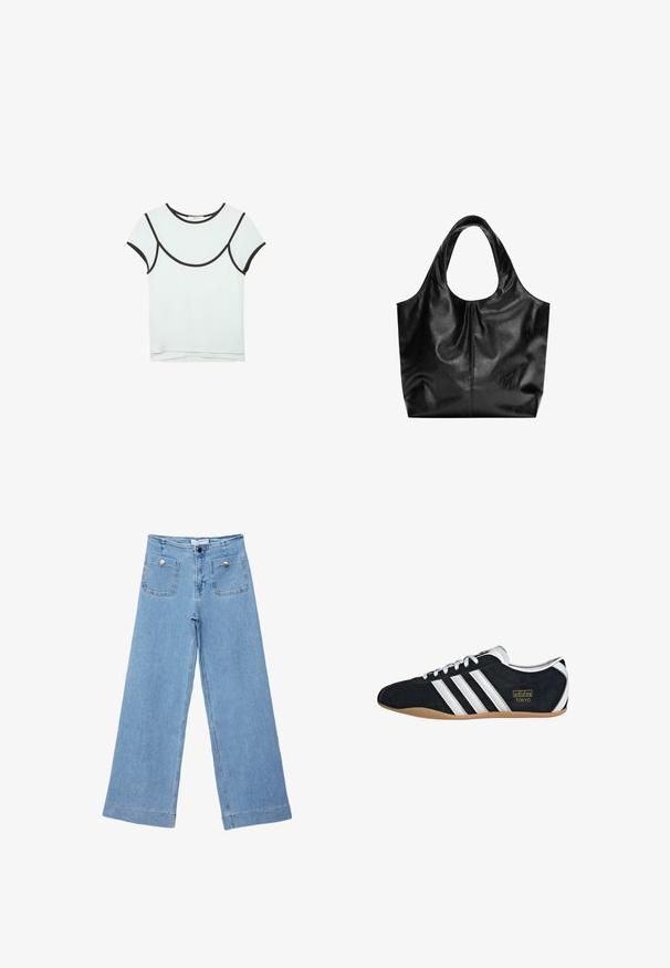 T-shirt blanc à manches courtes avec bordure noire le long du col, des manches et de la couture courbe sur la poitrine, posé à plat sur un fond blanc.; Jean en denim bleu clair à jambes larges, taille haute, poches avant fermées par des boutons argentés, fermeture par bouton et zip.; Sneakers en suede noir avec trois bandes blanches, logo doré et semelle en caoutchouc marron. Présente un design à lacets à profil bas.; Sac fourre-tout en cuir noir avec une texture lisse, un haut arrondi doux et de larges poignées. Présente une couture minimale et une silhouette décontractée.