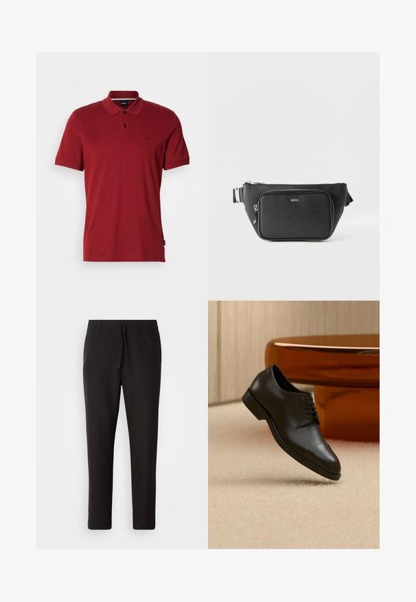 Camisa polo roja hecha de suave tela de algodón. Presenta un cuello clásico, tapeta de dos botones y un logo bordado en el pecho.; Pantalones de chándal negros de tejido suave. Cuentan con una cintura elástica con cordón, piernas ajustadas y sin bolsillos visibles. Diseño sencillo.; Zapato de vestir de cuero negro con cordones flotando sobre una alfombra beige, mesa redonda naranja al fondo.; Riñonera de piel negra con textura, con bolsillo delantero con cremallera y logo "BOSS" en tono plateado, correa ajustable y compartimento principal con cremallera.