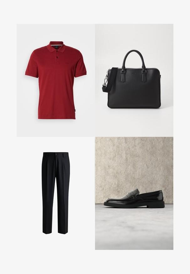Rød polo skjorte lavet af blødt bomuldsstof. Har en klassisk krave, to-knaps lukning og broderet logo på brystet.; Sorte bukser lavet af glat stof, med lige ben-design, plisseringer foran og knaplukning med bæltestropper.; Sort poleret læderloafer flydende over beige tæppe med orange gennemsigtigt møbel i baggrunden.; Sort lædertaske med struktureret overflade, doble håndtag og en aftagelig skulderrem. Har sølvfarvede lynlåse og minimalistiske designelementer.