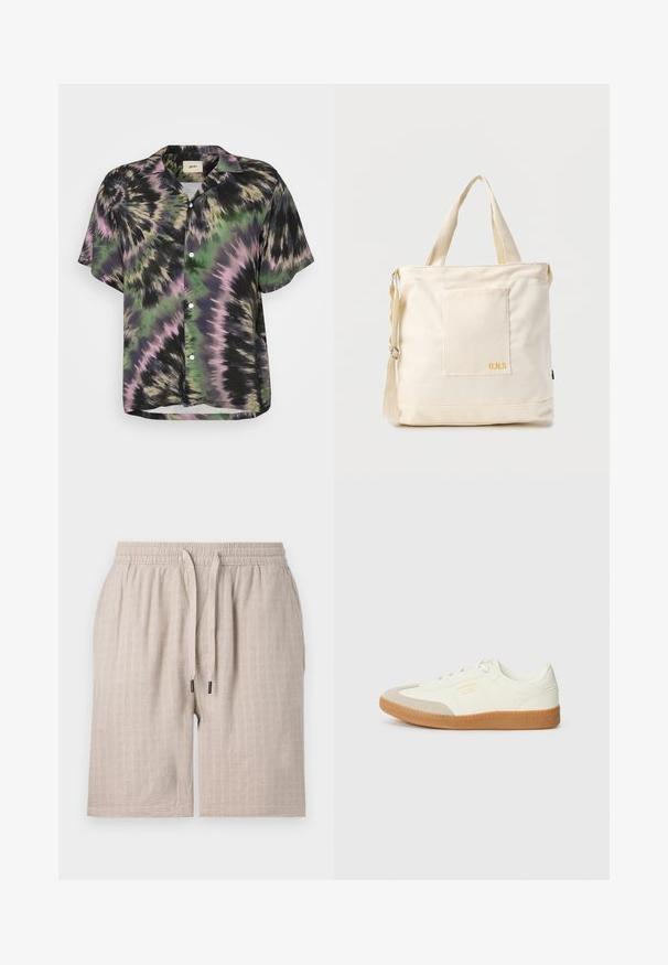 Lyhythihainen nappipaita mustassa, vihreässä ja vaaleanpunaisessa tye-dye-kuviossa. Ominaisuuksina rento leikkaus ja klassinen kaulus. Kevyt kangas.; Beige, teksturoidut shortsit, joissa on joustava vyötärö ja nyöri. Ominaisuuksiin kuuluu hienovarainen ruutukuosi ja väljä istuvuus. Taskuja ei ole näkyvissä.; Tennarit, jotka on valmistettu valkoisesta nahasta, jossa on beigen värinen kärki ja vaaleanruskea kumipohja. Ominaisuuksiin kuuluu litteät valkoiset nauhat ja kohokuvioitu logo sivussa.; Kermansävyinen kangaskassi, jossa etutasku, kaksi kantokahvaa, säädettävä olkahihna ja pieni keltainen "O.N.S"-teksti taskun alareunassa oikealla.