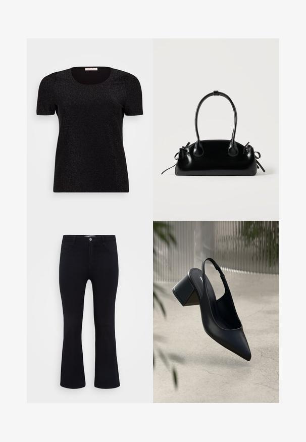 Lyhyet hiharat musta toppi, jossa on pyöreä pääntie, hienovarainen glitterpinta ja puffihihat. Sujuva, tiukka muotoilu.; ONLY Carmakoma Flared fit CARTHUNDER Mid waist - Flared-farkut - black denim; Mustat nahkaiset slingback-korkokengät, joissa on terävä kärki ja palikkakorko. Sujuva pinta, minimalistinen muotoilu ja säädettävä nilkkahihna.; Pieni musta kiiltävä käsilaukku, jossa on kaksi pitkää kantokahvaa ja sivulla nyöritys yksityiskohtia yksinkertaisella vaalealla taustalla.