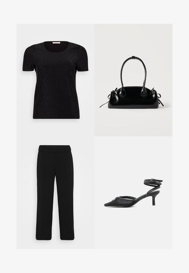 Top negro de manga corta con cuello redondo, que cuenta con una sutil textura brillante y detalles de hombros abullonados. Diseño liso y ajustado.; Pantalones de pierna ancha negros con un tejido suave, que presentan una cintura ancha y sin herrajes visibles. Diseño simple, sin patrones ni adornos.; Tacón kitten negro de punta puntiaguda con parte superior de encaje, borde festoneado y correa de tobillo envolvente con cierre de hebilla.; Pequeño bolso negro brillante con dos asas largas y detalles de cordón lateral sobre un fondo claro liso.