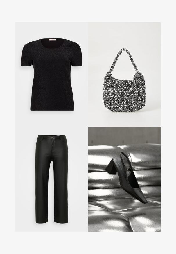 Top negro de manga corta con cuello redondo, que cuenta con una sutil textura brillante y detalles de hombros abullonados. Diseño liso y ajustado.; Pantalones negros de corte relajado, hechos de una tela suave y elástica. Cuentan con un diseño tradicional de cinco bolsillos, con cierre de cremallera y botón.; Tacón destalonado negro con punta en forma de pico, con superficie texturizada y tacón ancho y grueso. Colocado sobre un fondo metálico brillante.; Bolso de mano tejido en blanco y negro con forma redondeada, superficie texturizada y asa trenzada. Adecuado para uso casual.