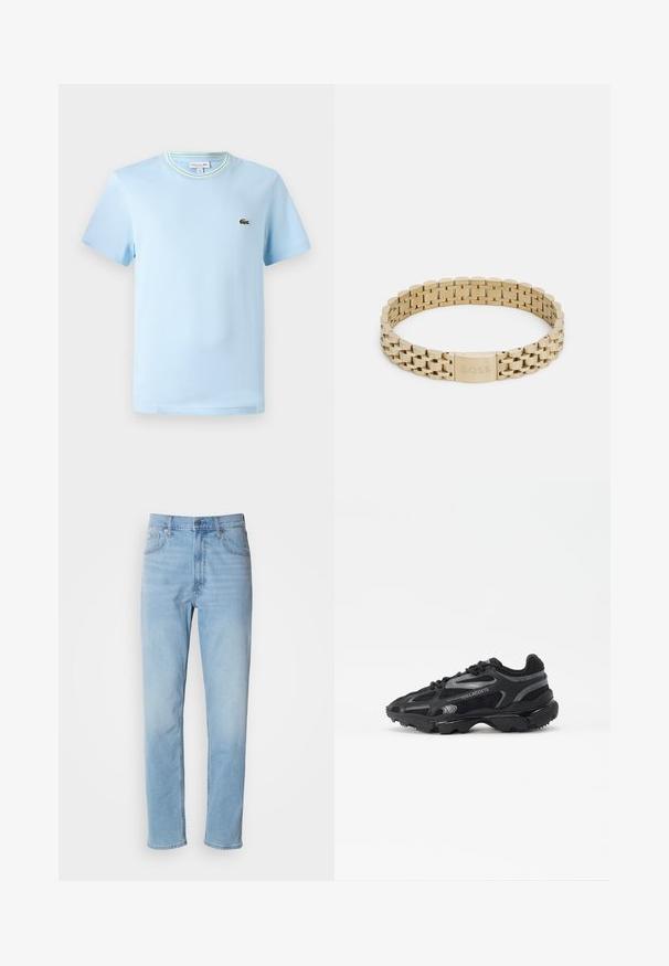 Hellblaues Baumwoll-T-Shirt mit kurzen Ärmeln, einem Rundhalsausschnitt mit einem grün-weißen gestreiften Rand und einem kleinen gestickten Logo auf der Brust.; Hellblaue Jeans mit geradem Schnitt, fünf Taschen und Gürtelschlaufen. Der Stoff hat eine glatte Textur mit einem leichten Verblassungseffekt.; Schwarze Sport-Sneaker mit Obermaterial aus Mesh und Synthese. Sie verfügen über eine strukturierten Sohle, reflektierende Akzente und eine verstärkte Ferse.; Goldfarbenes Metallarmband mit einem Gliederdesign, das eine glatte Textur aufweist und einen Verschluss hat, der mit "BOSS" graviert ist.