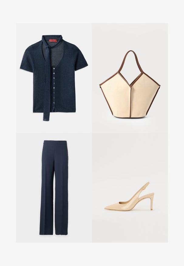 Cardigan bleu marine à manches courtes avec un col en V, texture côtelée et un nœud au col. Présente une rangée de boutons bleus sur le devant.; Pantalon large bleu marine à taille haute avec un devant épuré, présenté sur un fond gris clair uni.; Escarpin slingback en cuir verni nude avec un bout pointu, un décolleté ouvert et un talon aiguille fin. Comprend un accent doré circulaire sur la sangle.; Sac en toile avec un corps crème et des accents en cuir marron. Le design présente une ouverture en V unique et deux poignées courbées.