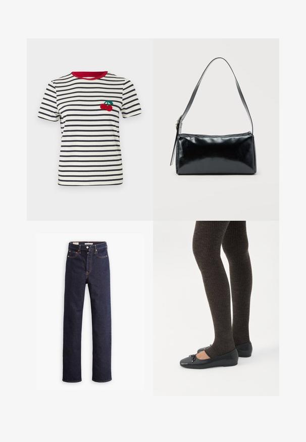 T-shirt rayé en crème et bleu marine, avec un col rouge. Présente un design de cerise brodé sur la zone de la poitrine gauche. Manches courtes.; Jean en denim droit bleu foncé avec cinq poches et coutures orange visibles sur un fond blanc.; Jambes portant des leggings côtelés foncés associés à des ballerines noires avec de petits détails en nœud sur fond blanc.; Sac d'épaule rectangulaire noir avec une sangle réglable unique et une fermeture éclair supérieure sur un fond uni.