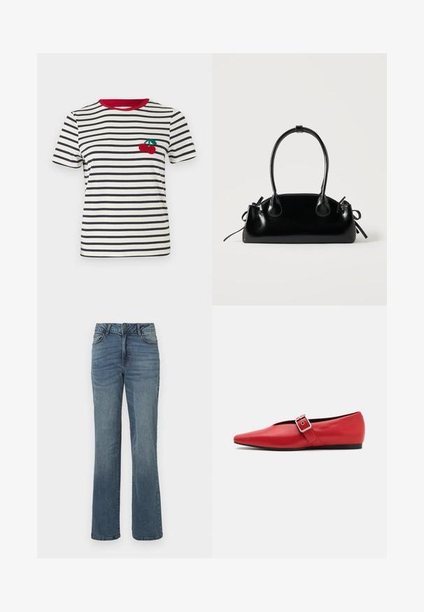 T-shirt rayé en crème et bleu marine, avec un col rouge. Présente un design de cerise brodé sur la zone de la poitrine gauche. Manches courtes.; Jean en denim droit bleu avec fermeture à bouton et zip à l'avant, poches avant et arrière, et un léger effet délavé.; Ballerine en cuir rouge avec une pointe pointue, comportant une lanière sur le côté avec une boucle en métal et un petit talon noir. Texture lisse sur l'ensemble.; Petit sac à main noir brillant avec deux longues anses et des détails à cordon sur les côtés sur un fond clair uni.