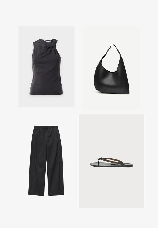 Haut sans manches gris foncé avec un design torsadé à l'épaule, fabriqué à partir d'un tissu lisse avec une coupe ajustée et un ourlet fini.; Pantalon noir à jambes larges avec taille élastique et cordon réglable, en tissu léger.; Sandale plate noire brillante type tongs avec des fines brides croisées sur le pied et un entre-doigts sur un fond clair uni.; Sac à épaule en cuir noir avec forme triangulaire incurvée, une seule sangle ajustable, et une couture diagonale visible à l'avant.
