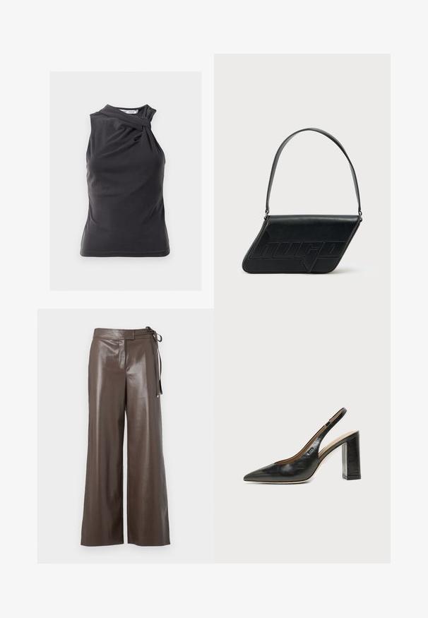 Haut sans manches gris foncé avec un design torsadé à l'épaule, fabriqué à partir d'un tissu lisse avec une coupe ajustée et un ourlet fini.; Pantalons larges en simili cuir marron avec taille haute et détail de lien sur le côté, sur fond blanc.; Chaussure slingback en cuir noir à bout pointu avec un talon bloc haut et une doublure intérieure beige sur un fond clair uni.; Sac d'épaule en cuir noir de forme triangulaire, avec un logo embossé et une seule bandoulière réglable. Design minimaliste avec une texture lisse.
