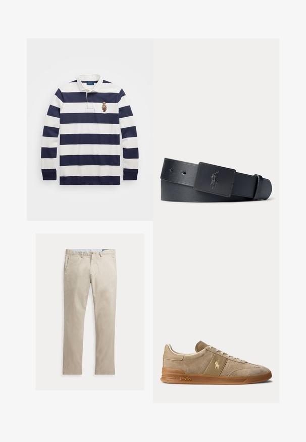 Polo Ralph Lauren CLASSIC FIT POLO BEAR RUGBY SHIRT - Camiseta de manga larga - blu; Pantalones de algodón beige de pierna recta con bolsillos delanteros, trabillas para cinturón, cierre de botón y cremallera, mostrados extendidos sobre un fondo blanco.; Zapatilla beige de ante y cuero con suela de goma, cordones blancos y logo Polo en el lateral y la suela.; Cinturón de cuero negro con una hebilla rectangular negra que presenta un logotipo de jugador de polo en relieve.