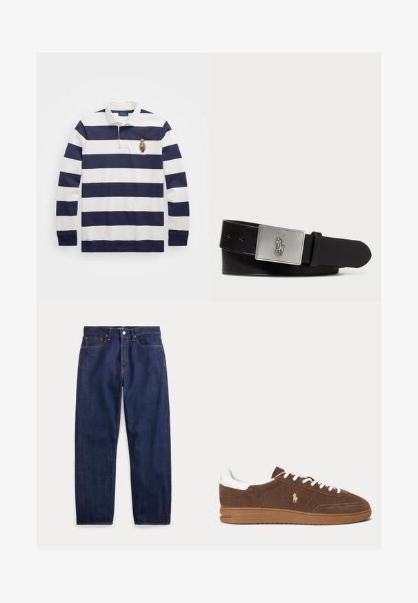 Polo Ralph Lauren CLASSIC FIT POLO BEAR RUGBY SHIRT - Camiseta de manga larga - blu; Vaqueros de mezclilla azul oscuro con perneras rectas, cinco bolsillos, cierre de botones y costuras visibles.; Zapatilla de ante marrón con cordones y talón blancos, suela de goma y logo dorado del caballo de Ralph Lauren en el lateral.; Cinturón de cuero negro con una hebilla rectangular de metal plateado que presenta un logo de jinete en relieve, textura suave y cinco agujeros.