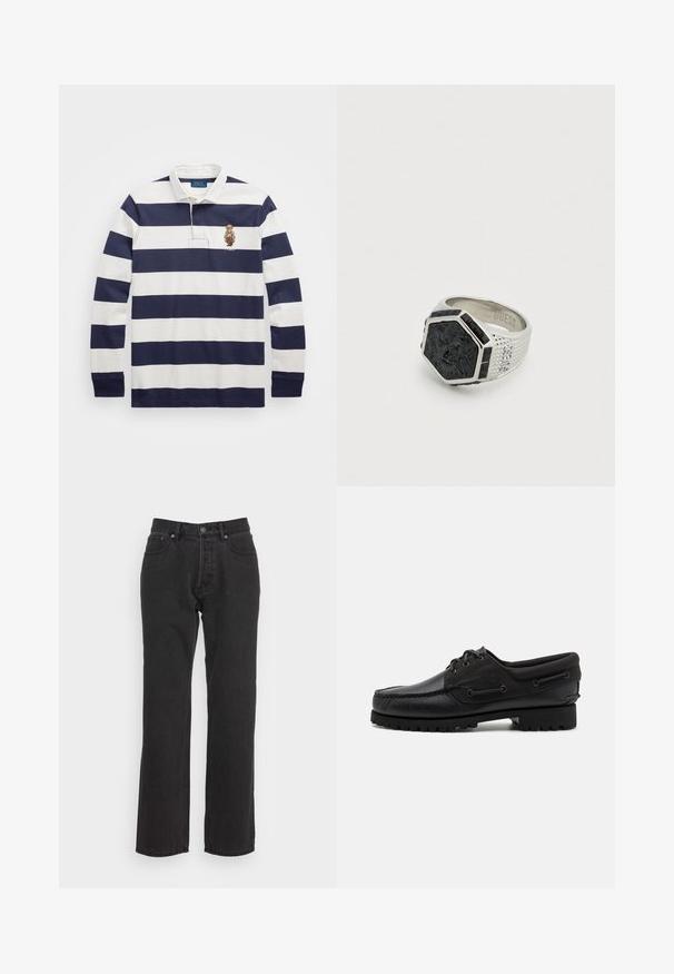 Polo Ralph Lauren CLASSIC FIT POLO BEAR RUGBY SHIRT - Pikkade varrukatega topp - blu; Mustad denim püksid sirge sääre disainiga, millel on ees nupuga sulgemine, vöörihmade niidid ja kaks külgtaskut. Tekstuuriga kangas.; Must musta, millel on nahast pealmine osa, tekstiiltoonid, ümmargused paelad ja tekstureeritud kummist tallad. Omab mokassiini õmblust ja brändi detaili.; Kuusnurkne hõberõngas, millel on musta lõvi motiiv, tekstuuriga sang ja mustad detailid. Siseküljel on graveeritud "GUESS".