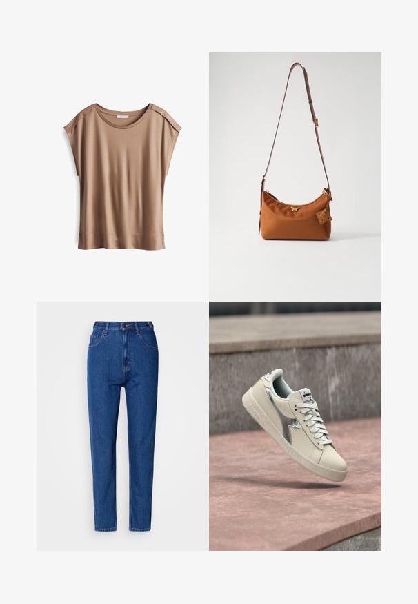 Bruine top met korte mouwen en een zachte, gladde textuur. Heeft een ronde halslijn en subtiele schoudernaaddetails.; Blauwe denim jeans met een rechte pijp, hoge taille en vijf-pocket ontwerp. Heeft stiksel details en een knoopsluiting aan de voorkant.; Witte sneaker met zilveren zijstreep en veters, zwevend boven een stenen oppervlak met een wazige grijze muur op de achtergrond.; Bruine nylonen schoudertas met een gebogen vorm, gouden hardware en een klein leren label met uitsnijdingen. Verstelbare bruine schouderriem.
