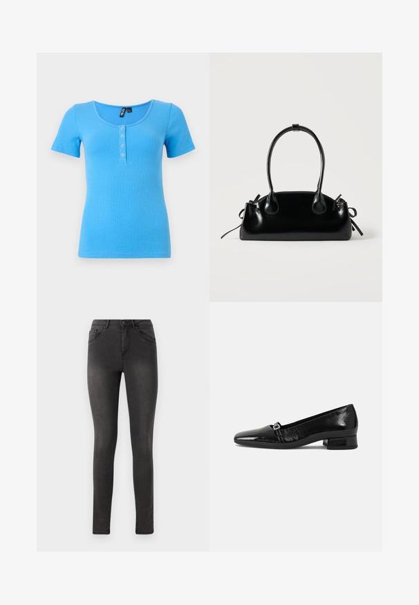 Ribbet, kortærmet t-shirt i livlig blå. Har en rund halsudskæring og tre knaplukninger foran. Blødt, strækbart materiale.; Sorte skinny jeans med en glat denim texture, fem-lomme design og en metal knaplukning i taljen.; Sorte patentlæder balletflade med spids tå, lav firkantet hæl og en lille metallisk spænde detalje på remmen. Glat tekstur.; Lille sort blank håndtaske med to lange håndtag og snøre-detaljer i siden på en ensfarvet lys baggrund.