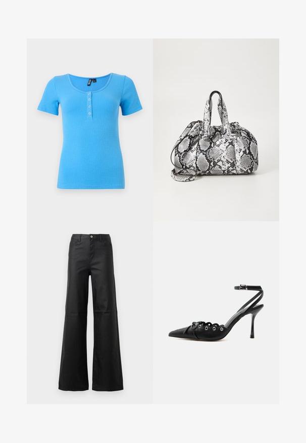 Rippenshirt mit kurzen Ärmeln in lebhaftem Blau. Hat einen runden Ausschnitt und eine dreiknöpfige Leiste vorne. Weiches, dehnbares Material.; Schwarze weit geschnittene Jeans aus glattem Denim, mit Knopfverschluss, vorderen Taschen und hohem Bund.; Schwarzer, spitzer High-Heel-Schuh mit geschwungenen Kanten, Metallösen, Schnürung vorne und Knöchelriemen mit Schnallverschluss.; Schwarz-weiße Handtasche im Schlangenhautmuster mit zwei Griffen, einem Kordelzugverschluss und einem abnehmbaren Schultergurt. Glatte Textur.