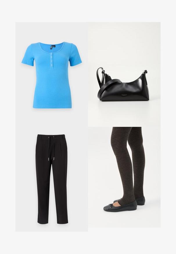 T-shirt à manches courtes côtelé en bleu vif. Doté d'un col rond et d'une patte de boutonnage à trois boutons sur le devant. Matériau doux et extensible.; Pantalons noirs en matériau doux, avec une taille à cordon de serrage, un devant plissé et des jambes effilées, avec une finition lisse.; Jambes portant des leggings côtelés foncés associés à des ballerines noires avec de petits détails en nœud sur fond blanc.; Sac à main en cuir noir avec une texture lisse. Dispose d'une bandoulière adjustable et d'un design élégant et minimaliste avec une fermeture éclair.