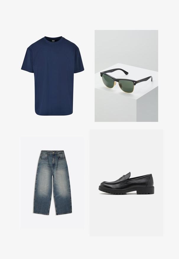 T-shirt en coton bleu marine avec un col rond et des manches courtes. Texture lisse et coupe décontractée, idéal pour un style décontracté.; Jean en denim bleu à jambes larges avec devant délavé, design cinq poches, passants de ceinture et fermeture par bouton, posé à plat sur fond blanc.; Mocassins en cuir noir avec un bout arrondi, un design à enfiler et une semelle en caoutchouc épaisse avec une texture antidérapante. Talon surélevé et détails de surpiqûre subtils.; Lunettes de soleil Ray-Ban avec des verres verts, monture en plastique noir et accents dorés sur les bords. Forme carrée avec une finition mate.