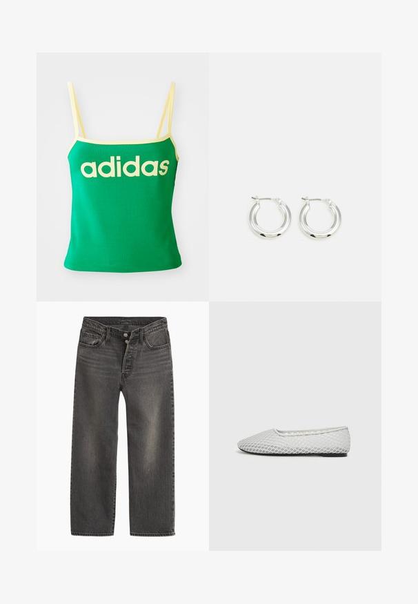 Zelený tank top s žltými akcentmi, vyrobený z elastického materiálu. Má veľké žlté logo "adidas" na prednej strane a tenké ramienka.; Čierne džínsové nohavice z denimu s rovnými nohavicami, vysokým pásom a zapínaním na gombíky. Obsahujú jemné vyblednutie a kontrastné prešitie.; Ploché topánky z bielej sieťoviny, s špicatou špičkou a minimalistickým dizajnom. Textúrovaný povrch so soft podšívkou.; Strieborné kruhové náušnice s lešteným povrchom, ktoré majú kruhový tvar a závesné zapínanie. Hladký povrch s minimálnymi detailmi.
