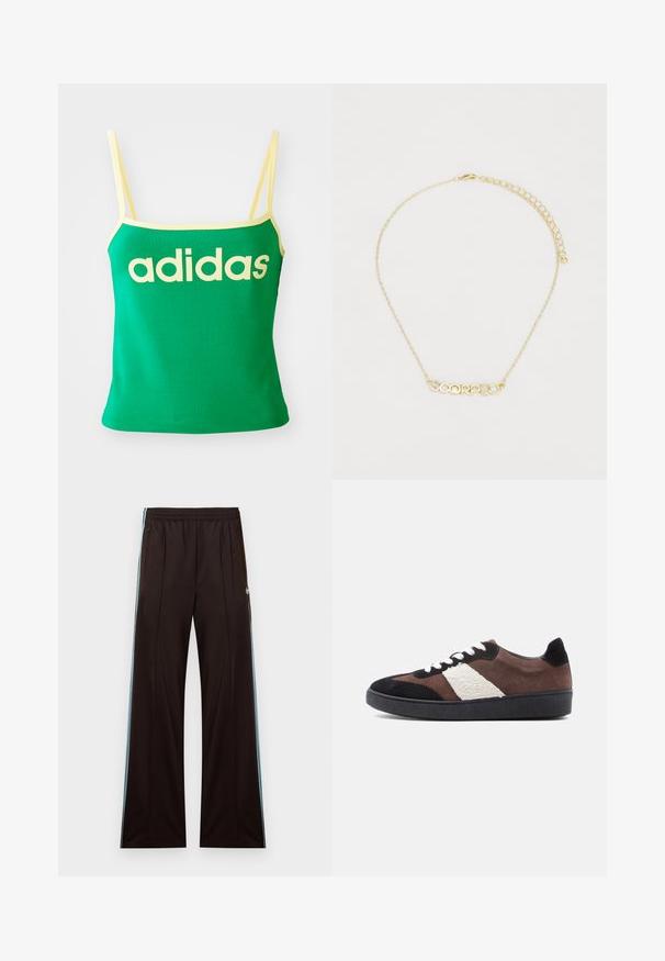 Zelený tank top s žltými akcentmi, vyrobený z elastického materiálu. Má veľké žlté logo "adidas" na prednej strane a tenké ramienka.; Čierne široké teplákové nohavice s svetlomodrými bočnými pruhmi, elastickým pásom, vreckami na zips a logom Adidas na ľavom bedre.; Semišové tenisky v hnedej, čiernej a krémovej farbe s textúrovanou bielou časťou. Majú biele šnúrky, zaoblenú špičku a čiernu gumovú podrážku.; Zlatá farba náhrdelníka s nápisom "SCORPIO" a priehľadnými kameňmi. Ľahký reťaz s klipsou v tvare homára a nastaviteľnou dĺžkou.