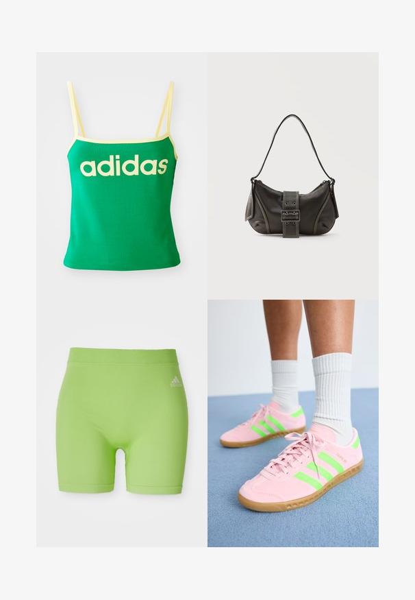 Groene tanktop met gele accenten, gemaakt van rekbaar materiaal. Heeft een groot geel "adidas" logo over de voorkant en dunne banden.; Groene sportshorts van rekbaar materiaal, met een middellange tailleband en een Adidas-logo aan de voorkant rechts.; Roze suède sneakers met neon groene strepen en lichtbruine rubberen zolen. Voorzien van textuurmateriaal en een platte vetersluiting.; Zwarte leren schoudertas met gespsluiting aan de riem, afgeronde hoeken en contrasterende witte stiksels op een effen achtergrond.