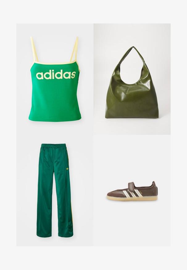 Roheline sporditop, millel on kollased detaljid ja mis on tehtud venivast materjalist. Esiosas on suur kollane "adidas" logo ja õhukesed rihmad.; Rohelised satiinist sportlikud püksid, millel on mugav lõige, kollaste triipudega aktsentides ja vasakul küljel tikandiga logo. Elastne vöökoht.; Pruun vabaajajalats beeži kummist tallaga, kolm valget triipu küljel ja üks Velcro rihm üle peal.; Roheline nahast hobo-kott, millel on laisk disain, kumer käepide ja sile tekstuur. Ei sisalda nähtavaid riistade ega aksessuaare.