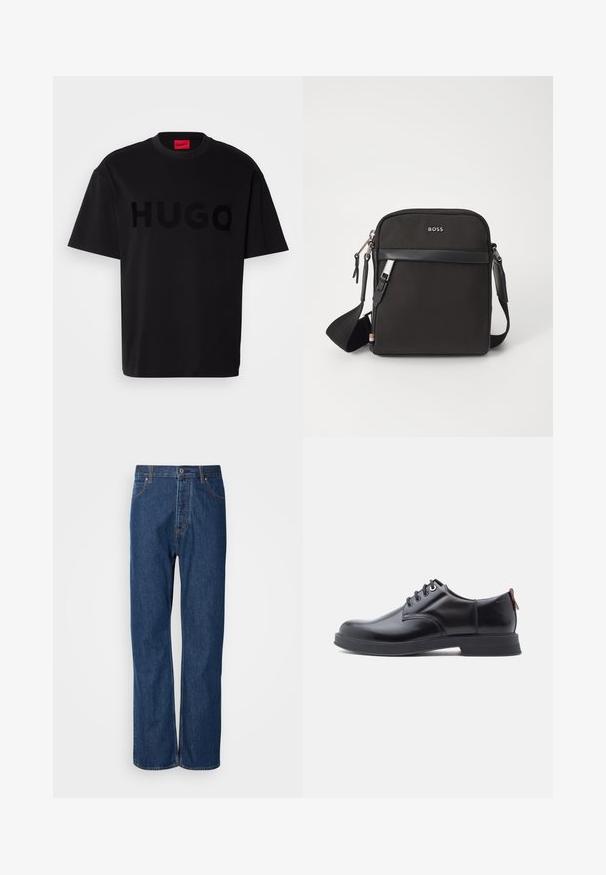 Sort bomulds t-shirt med korte ærmer, rund hals, med et stort, blankt sort "HUGO" logo på forsiden. Glat tekstur.; Blå denim jeans med lige ben, der har en knaplukning, fem lommer og kontraststikninger langs sømmene.; Sorte snørestøvler i læder med glat tekstur, rundet tå og diskrete syningsdetaljer. Har en rød trækflig på hælen.; Sort crossbody taske med et struktureret stof, logo på fronten, lynlås lukning og justerbar rem. Har en glat læderkant.