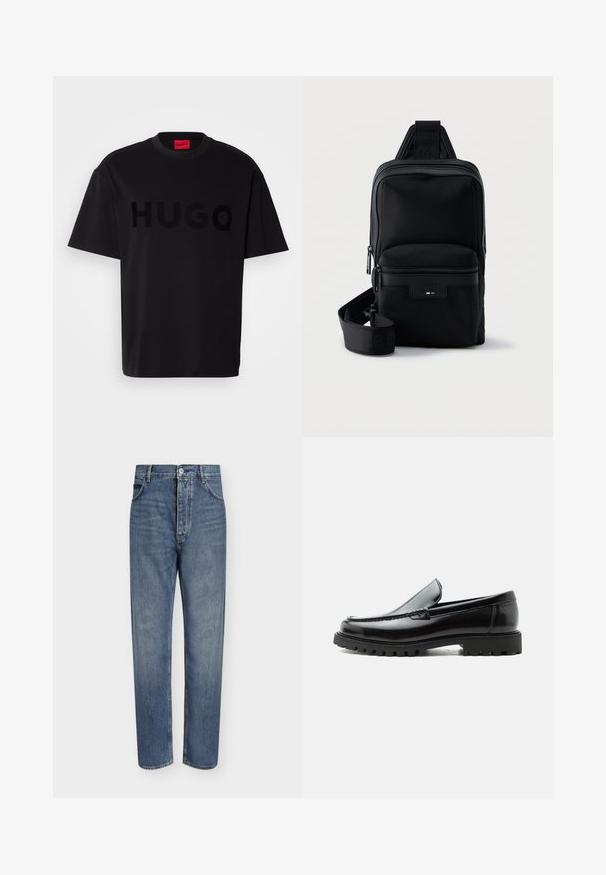 Sort bomulds t-shirt med korte ærmer, rund hals, med et stort, blankt sort "HUGO" logo på forsiden. Glat tekstur.; Straight-leg blå denim jeans med høj talje, frontknaplukning og fem-lomme design på en ensartet lys baggrund.; Sort læderloafer med chunky gummisål, syet overdel og præget mærkenavn på hælen, vist i sideprofil på hvid baggrund.; Sort kompakt skuldertaske med lynlås foran, justerbar rem og tekstureret stof på ensfarvet baggrund.