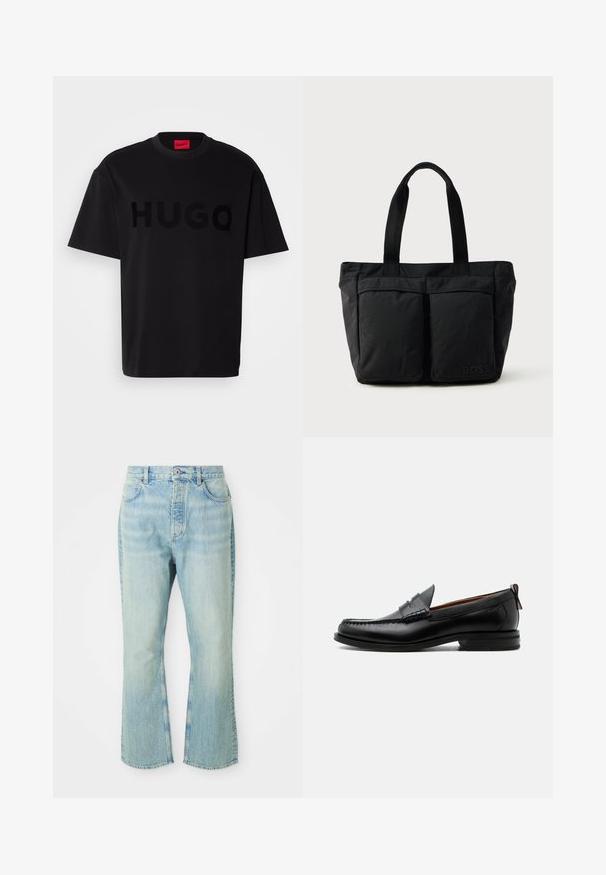 Sort bomulds t-shirt med korte ærmer, rund hals, med et stort, blankt sort "HUGO" logo på forsiden. Glat tekstur.; Lysblå denim flared jeans med høj talje, der har fem lommer, bæltestropper og en toned vævning.; Sort læder herre loafer med moc-tå syning, penny strop, struktureret krave og lav stablet hæl på hvid baggrund.; Sort tote bag med blødt stof, to forlommer og robuste håndtag. Logo vist på siden. Enkel, funktionel design.