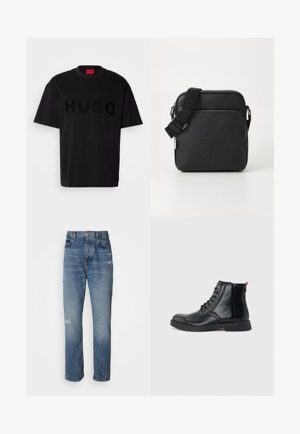Schwarzes Baumwoll-T-Shirt mit kurzärmeligen, Rundhalsausschnitt, das ein großes, glänzendes schwarzes "HUGO"-Logo auf der Vorderseite trägt. Glatte Textur.; Hellblaue Denim-Jeans im Straight-Leg-Design, mit einem Knopf- und Reißverschluss, fünf Taschen und leicht abgetragenen Details im Kniebereich.; Schwarzer Leder-Stiefel bis zum Knöchel mit Schnürung vorne, rundem Zeh, flacher Sohle und Zuglasche hinten vor schlichtem hellgrauem Hintergrund.; Schwarze Leder-Crossbody-Tasche mit strukturierter Oberfläche, ausgestattet mit einer vorderen Reißverschlusstasche, verstellbarem Riemen und metallenen Hardware-Details.