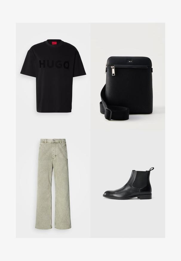 Sort bomulds t-shirt med korte ærmer, rund hals, med et stort, blankt sort "HUGO" logo på forsiden. Glat tekstur.; Lys grøn brede jeans med høj talje, lavet af denim, med knaplukning og klassisk fem-lommer design.; Sorte læder ankelstøvler med elastiske sidepaneler, rund tå og en trækloft. Glat tekstur, flad sål, minimalistisk design.; Sort struktureret skuldertaske med justerbar rem, lomme med lynlås foran og præget logo nær øverste lynlås.