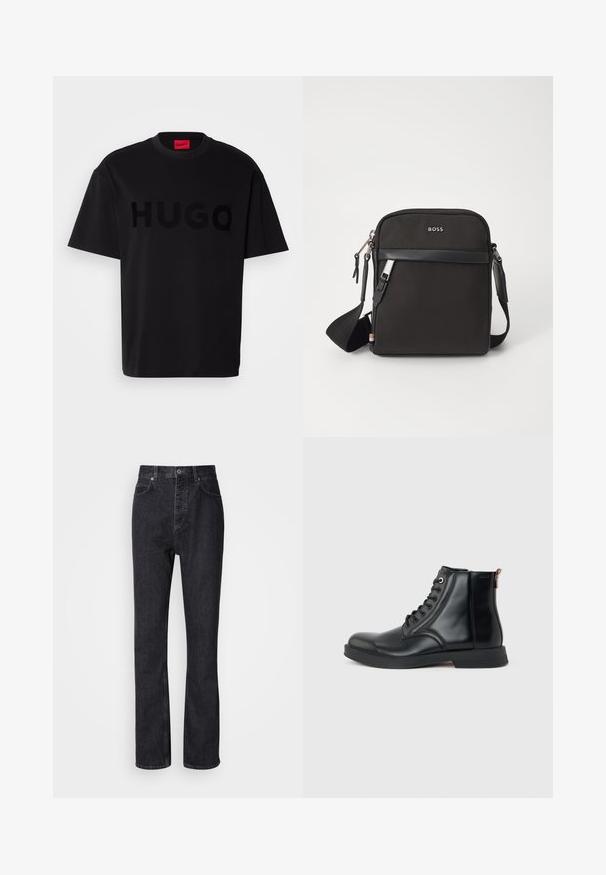 Sort bomulds t-shirt med korte ærmer, rund hals, med et stort, blankt sort "HUGO" logo på forsiden. Glat tekstur.; Høj talje sorte denim jeans med knap- og lynlåsåbning, for- og baglommer samt lige ben.; Sort læderankelstøvle med snørelukning foran, rundet tå, flad sål og træksløjfe bagpå på en ensartet lys grå baggrund.; Sort crossbody taske med et struktureret stof, logo på fronten, lynlås lukning og justerbar rem. Har en glat læderkant.
