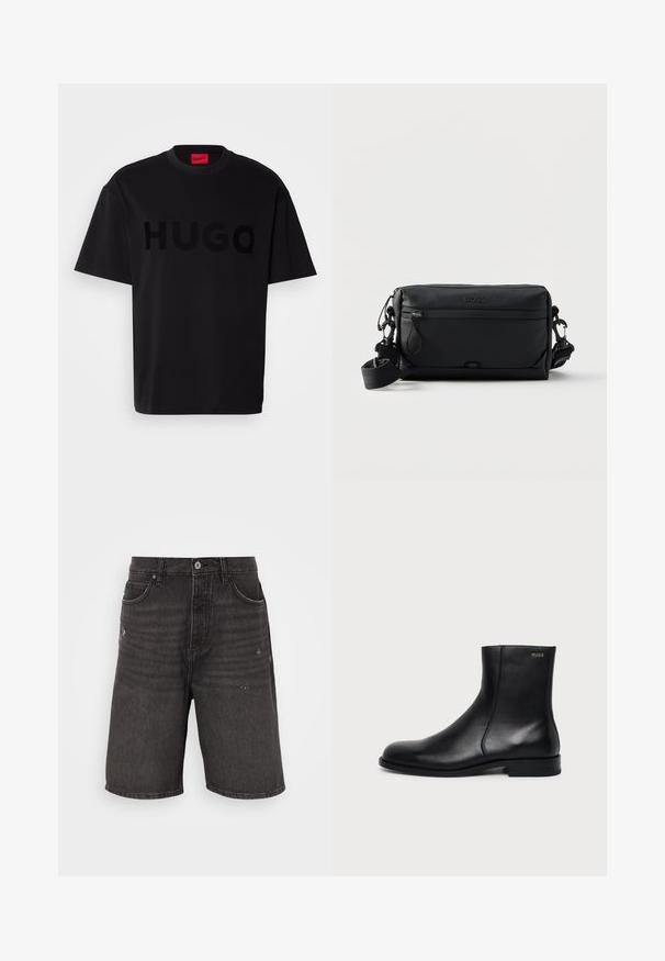 Sort bomulds t-shirt med korte ærmer, rund hals, med et stort, blankt sort "HUGO" logo på forsiden. Glat tekstur.; Sorte denim shorts med afslappet pasform, der har frontlommer, en slidt tekstur og et klassisk taljebånd med en enkelt knaplukning.; Sort læderankelstøvle med lav hæl, sidesyning og lille "HUGO" logo på den øverste manchet mod en ensfarvet baggrund.; Sort rektangulær crossbody taske med front lynlåslomme, justerbar rem og præget "BOSS" logo øverst i midten.